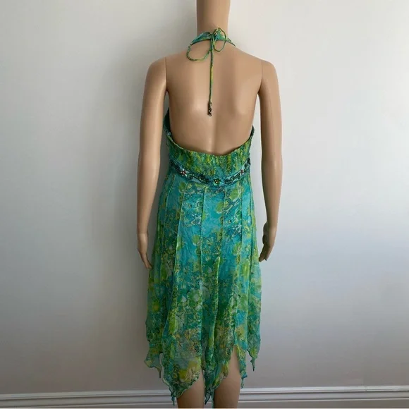 Vintage Sue Wong 100% Silk Green Halter Handkerchief Dress Beaded Size M - Picture 4 of 8